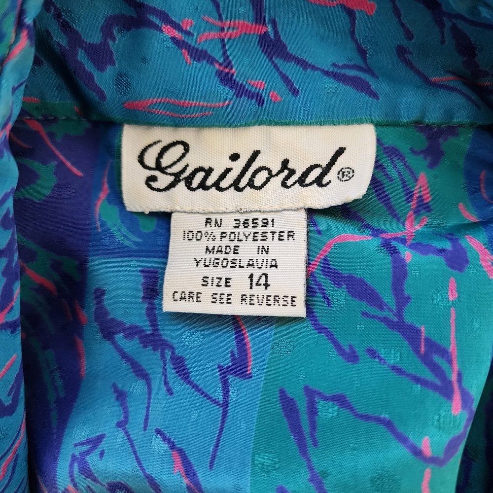 Vintage 80s Gailord Blue Polyester Button Front Blouse - Picture 4 of 9